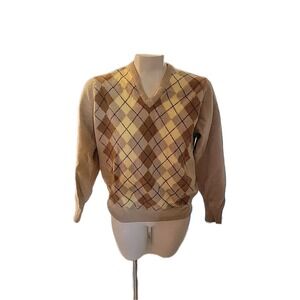 Vintage Alan Paine‎ V Neck Argyle Sweater Mens 44 Pure Lambswool Made in England